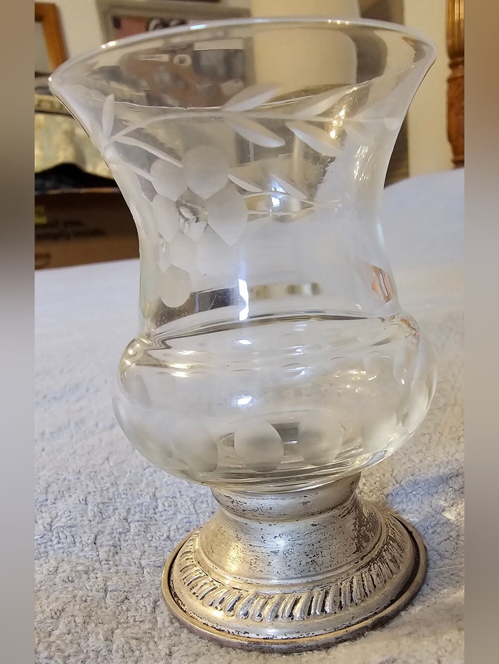 Vintage Etched Glass Vase with Sterling Silver Pedestal - Grape Motif Elegant